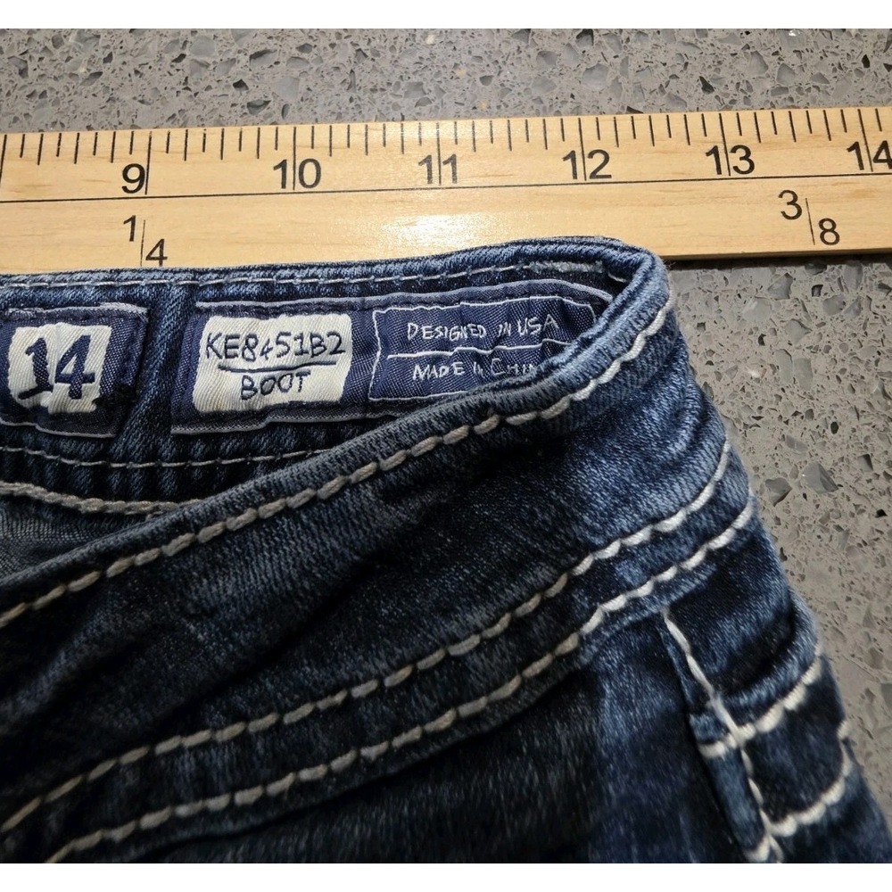 Girls Miss Me Bootcut Jeans Size 14 Medium Wash Thick Stitch Embellished 24x28.5 - Picture 8 of 11